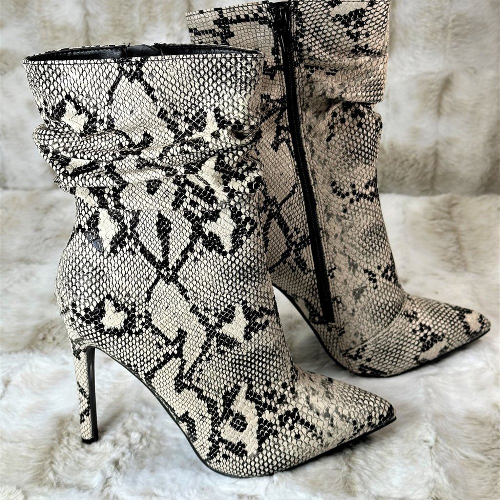 * So Me Texture Snake Print Slouch 4" Stiletto Heel Ankle Boot